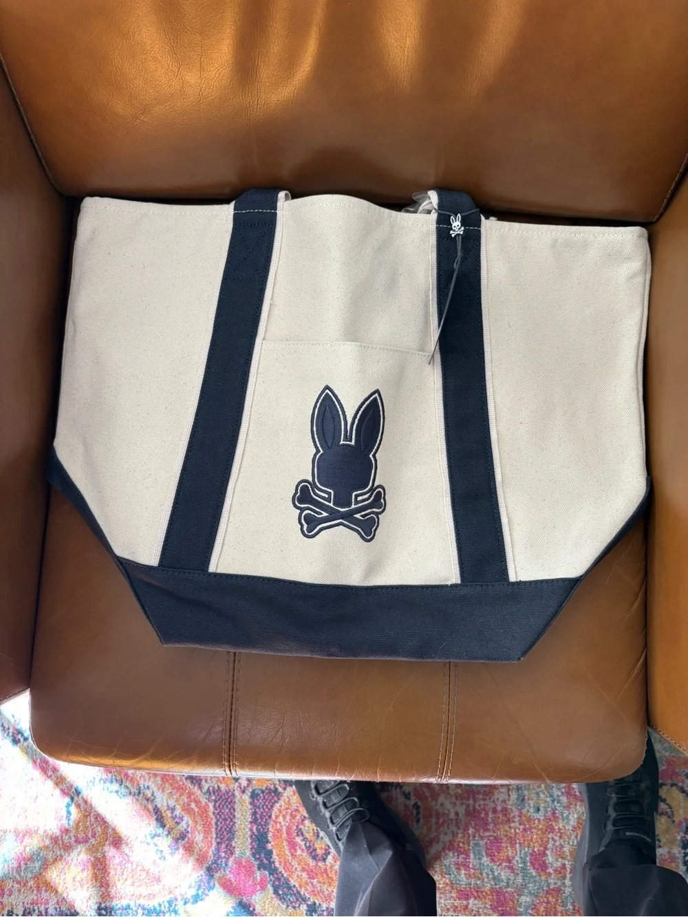 Psycho Bunny Cream and Navy Canvas Tote with Bunny Skull Patch